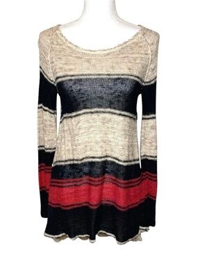 Free People Black Tan Red Crew Neck Tunic Sweater High Low Hem Women XS